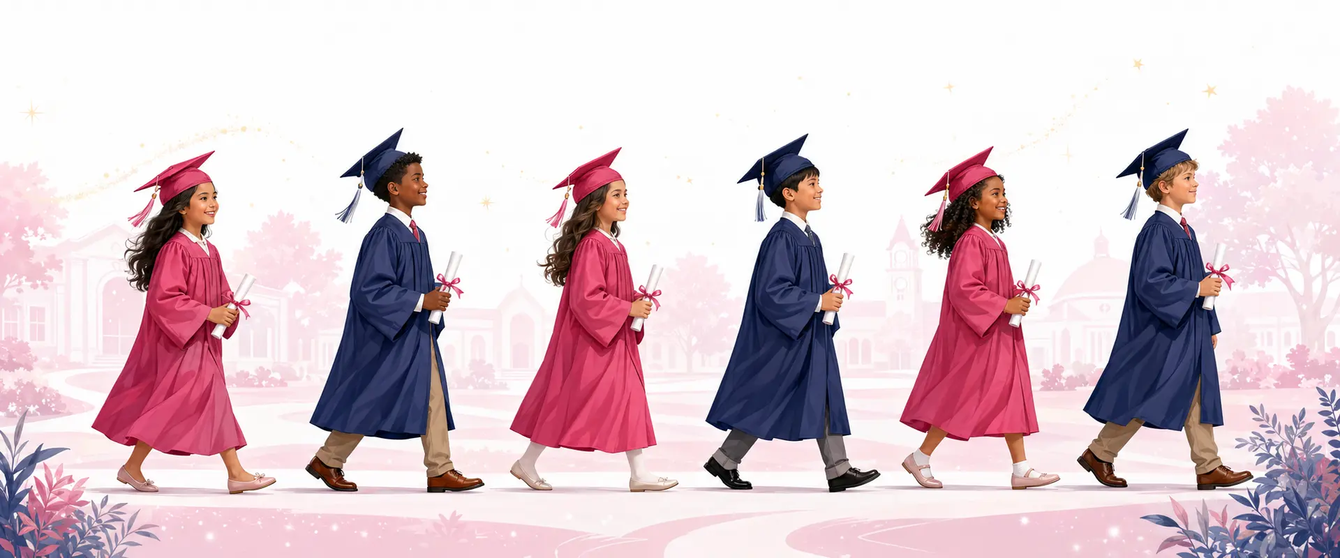 Diverse Triune students walking toward graduation in navy and pink gowns / Estudiantes diversos de Triune caminando hacia la graduación con togas azul marino y rosa / Divès elèv Triune k ap mache pou gradyasyon ak wòb ble maren ak woz