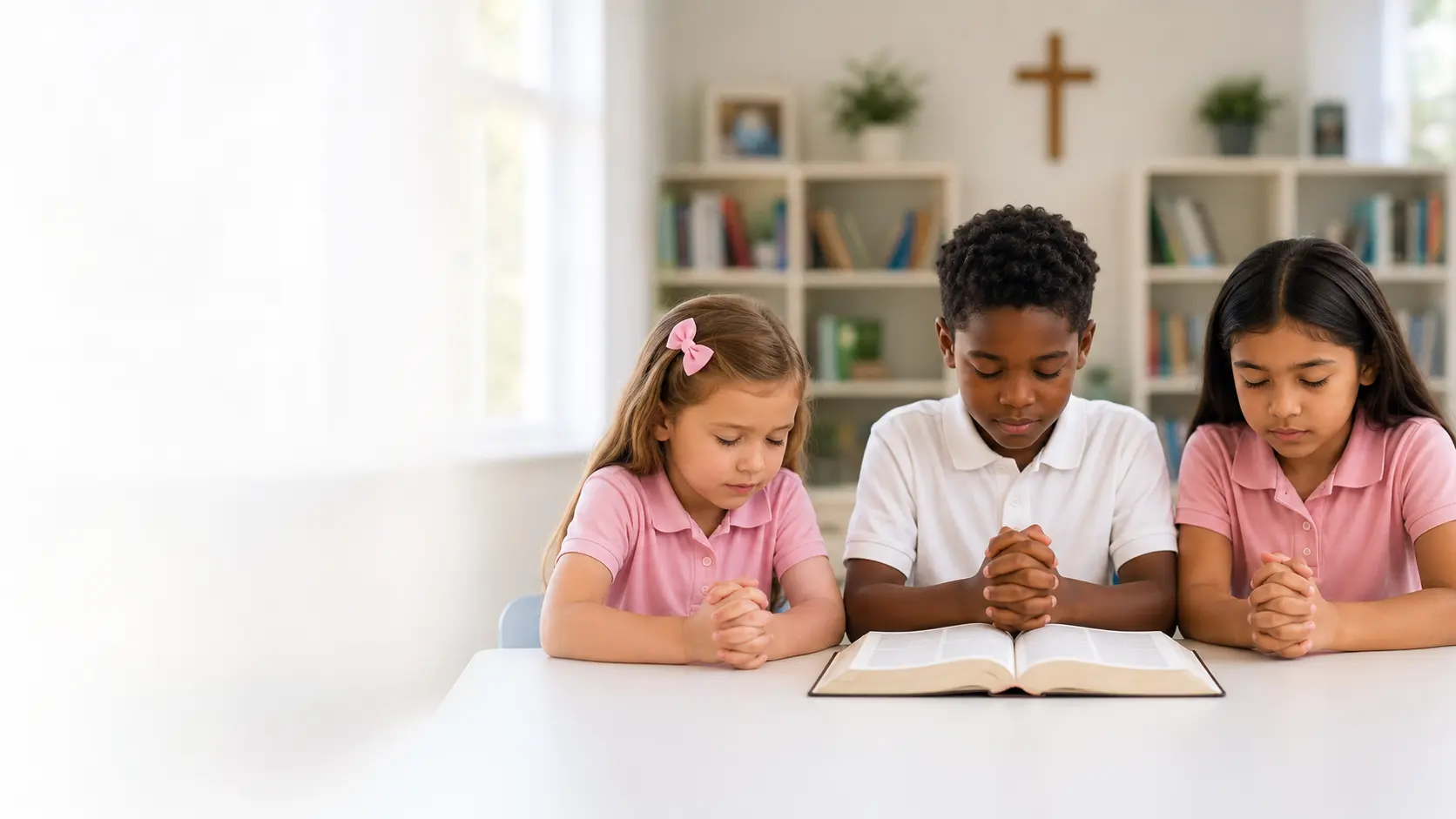 Elementary students praying together over an open book