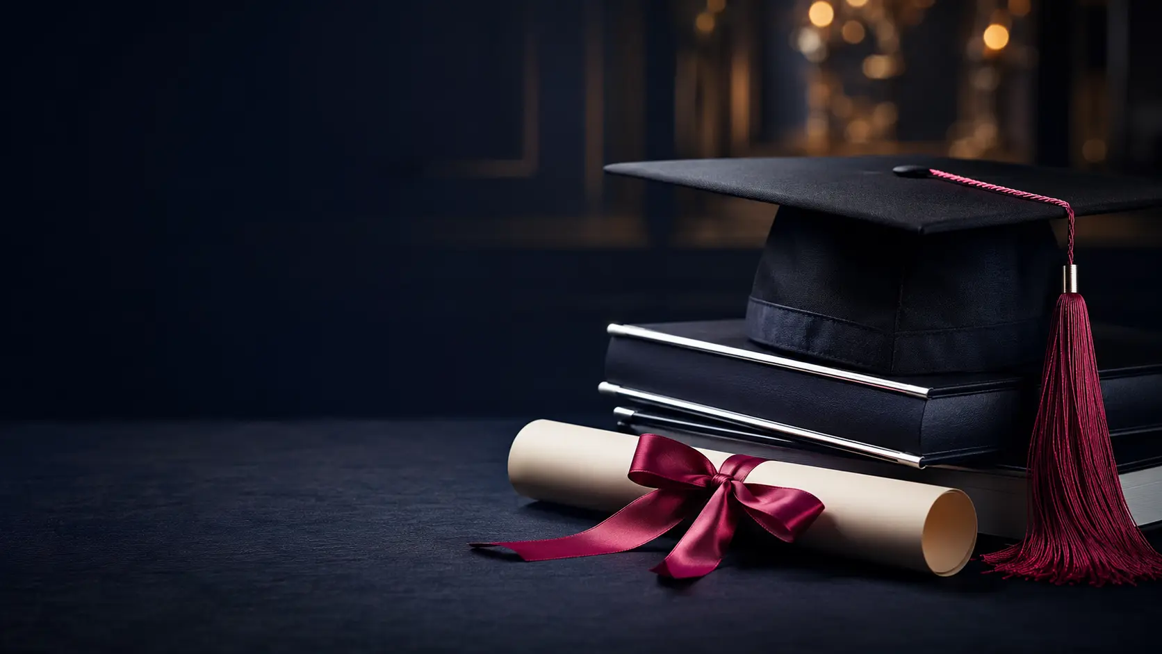 Graduation cap, diploma, and books representing the senior high-school years