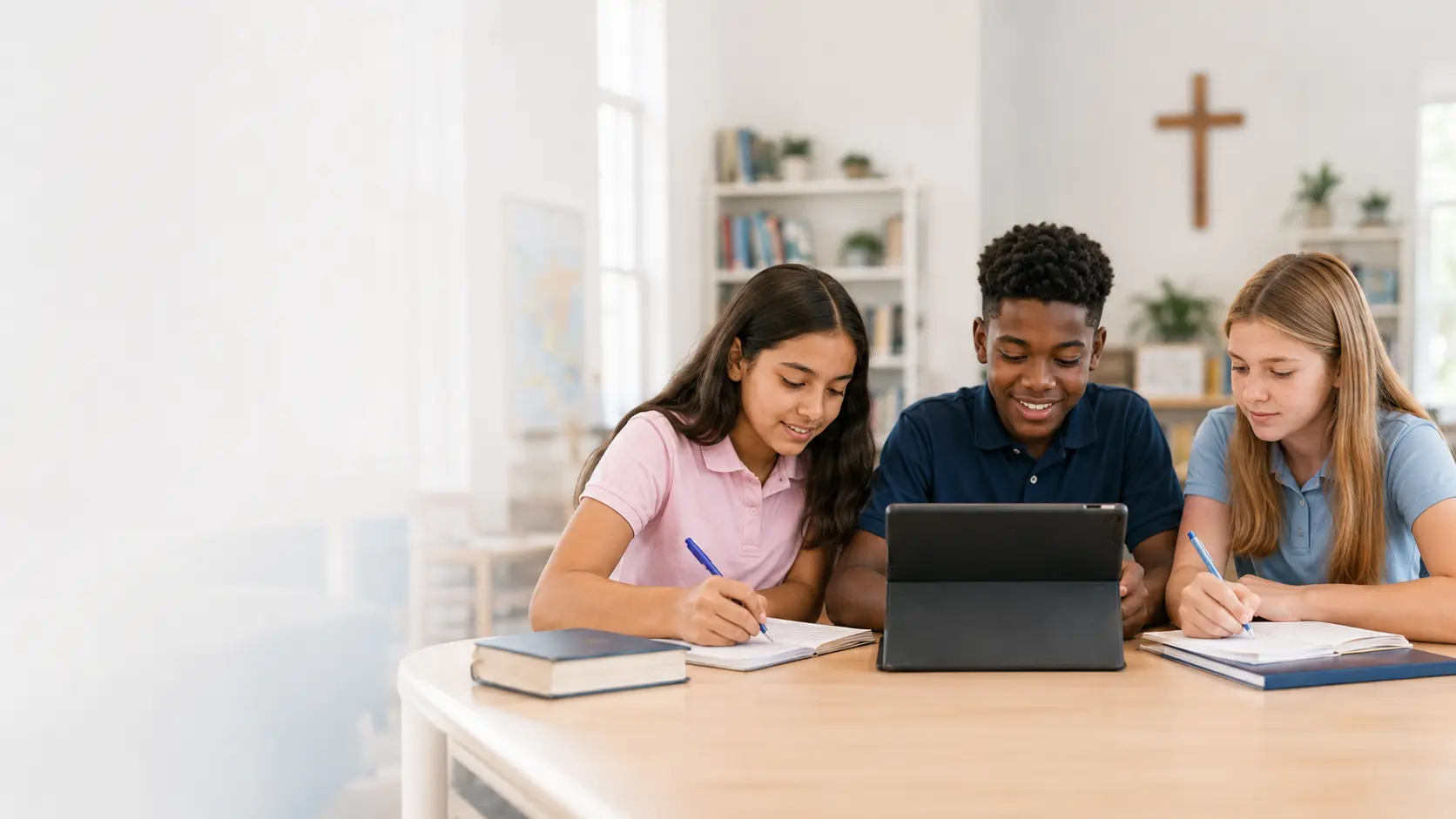 Middle-school students learning together with books and a tablet