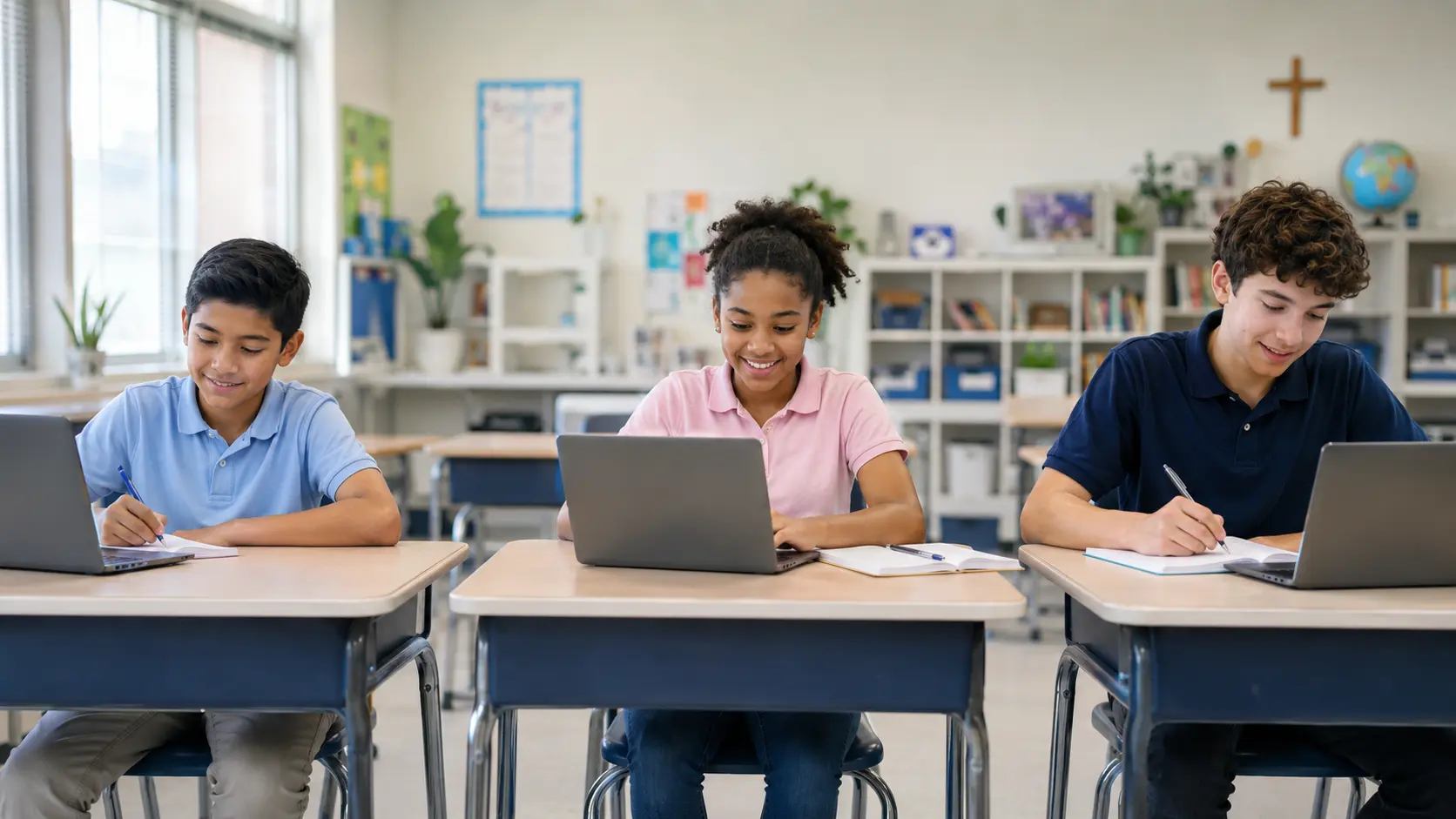 6th Grade student studying in a classroom