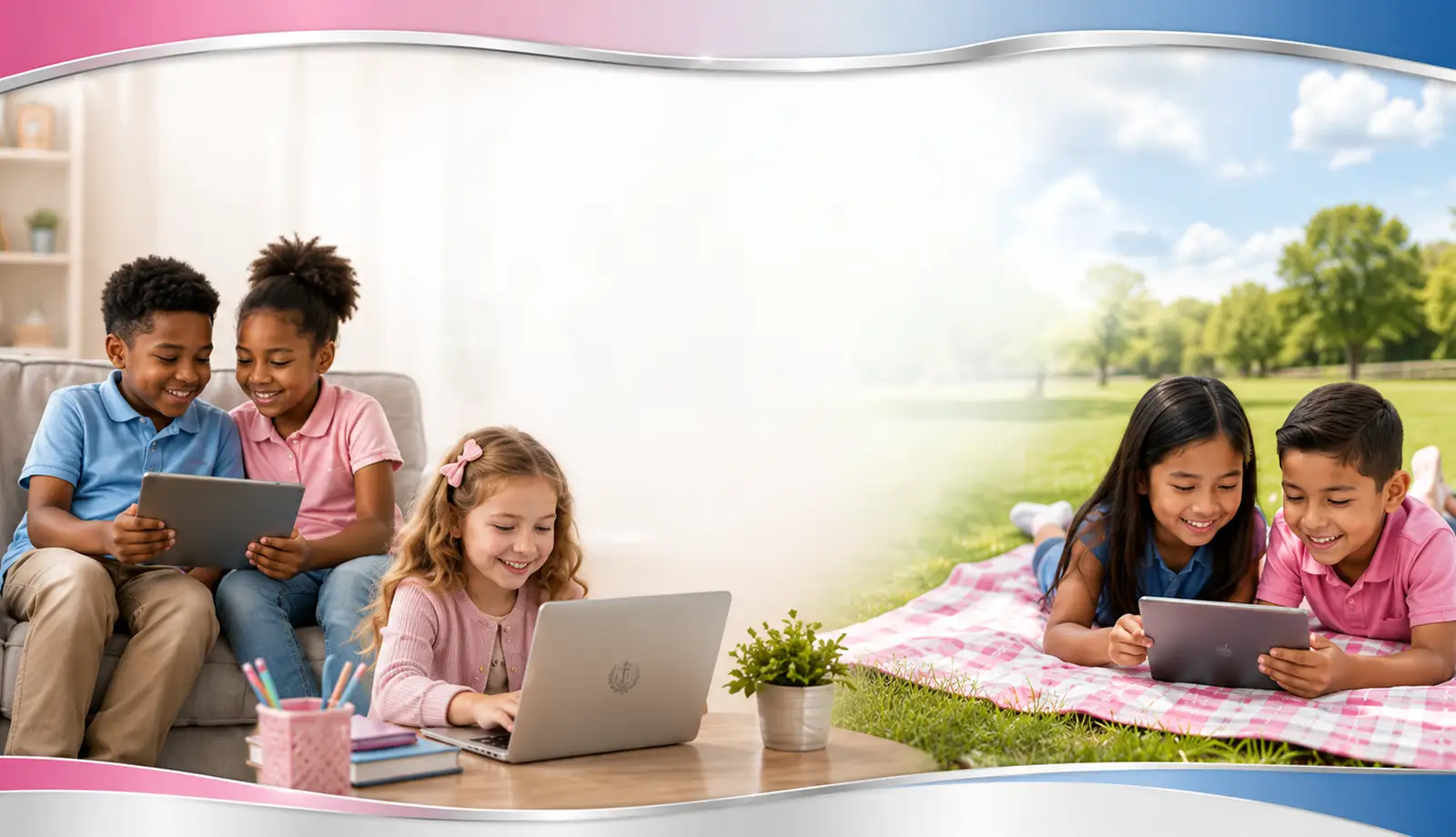 Temporary image of five multicultural students learning with tablets and a laptop