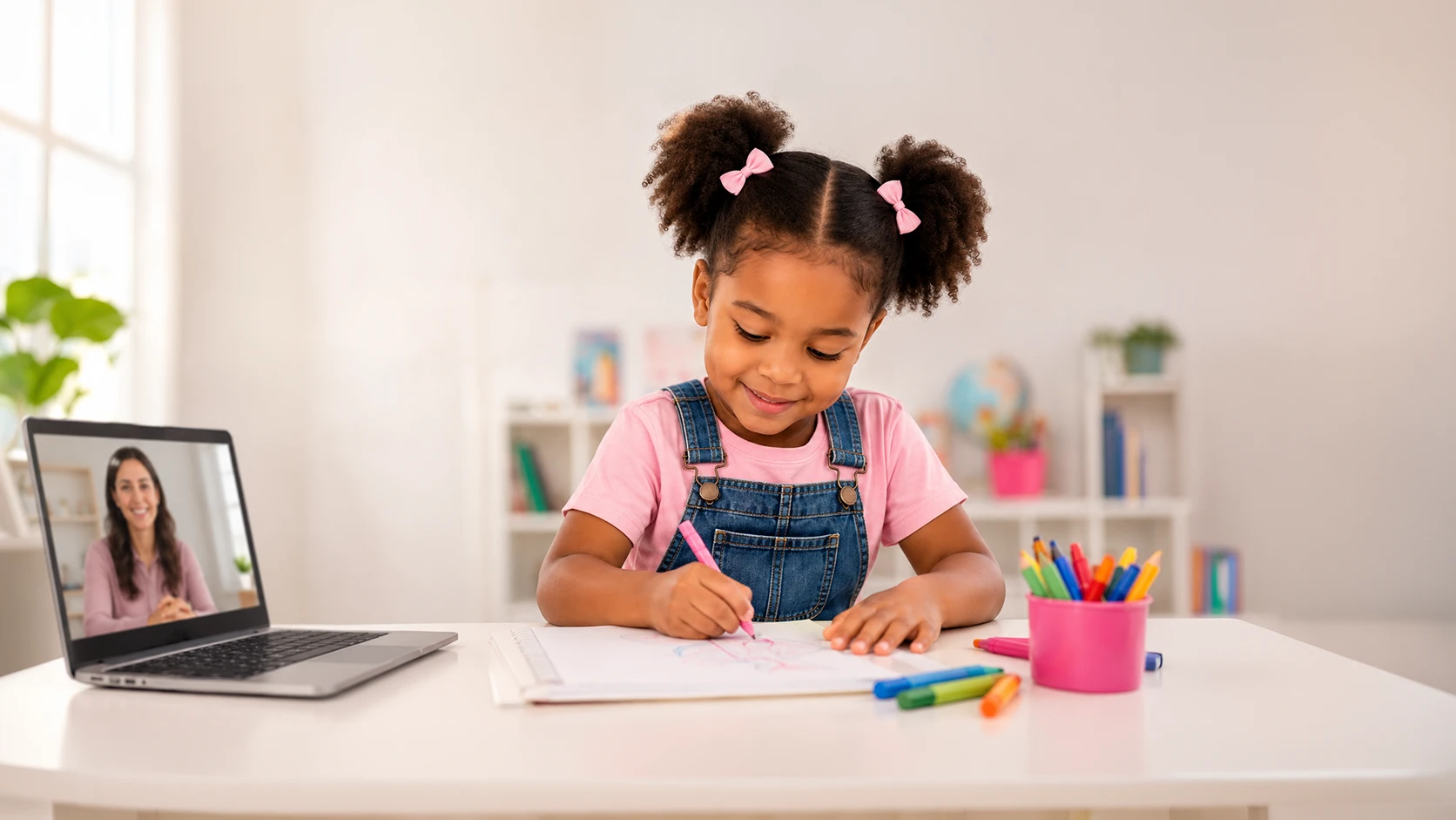 A preschool student drawing while learning online with her teacher